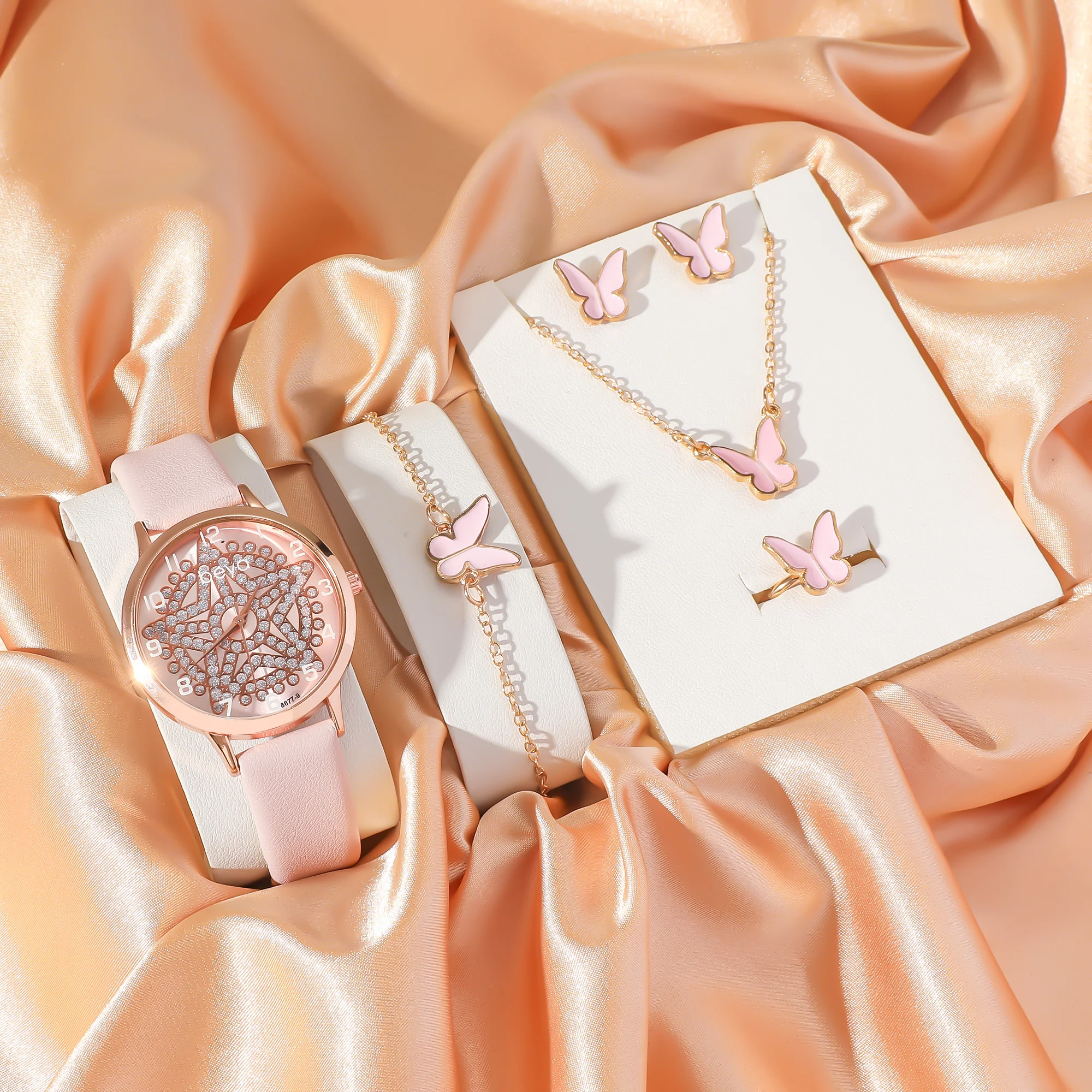 5 قطع/مجموعة ساعات كوارتز بناتي وردية اللون طقم مجوهرات سوار على شكل فراشة؛ مناسبة لتقديم هدايا العيد؛ لا يوجد صندوق هدايا. #1