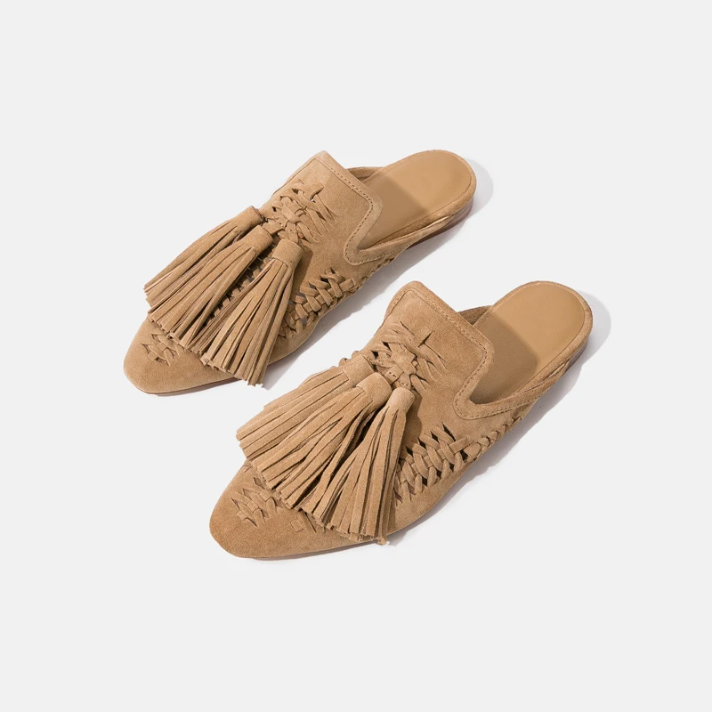 2023 Summer Shoes Woman Genuine Leather Tassel Flat With Slippers Lazy Muller Shoe Sandals Casual Slides Flip Flops Flats Shoe