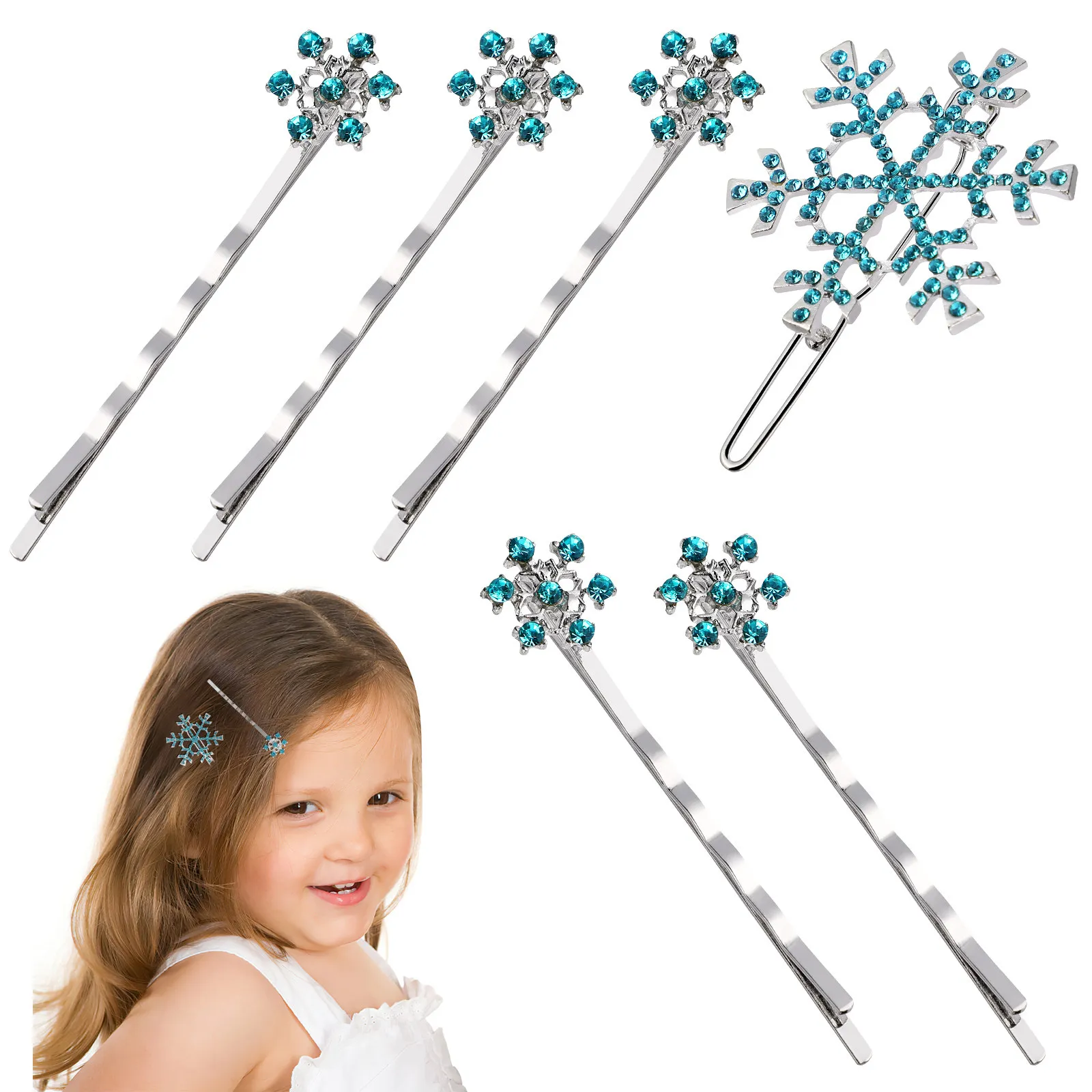 

6Pcs Children Hair Clips Snowflake Metal Hairpins Boutique Colored Rhinestone Clips Party Wedding Daily Use Hair Accessories