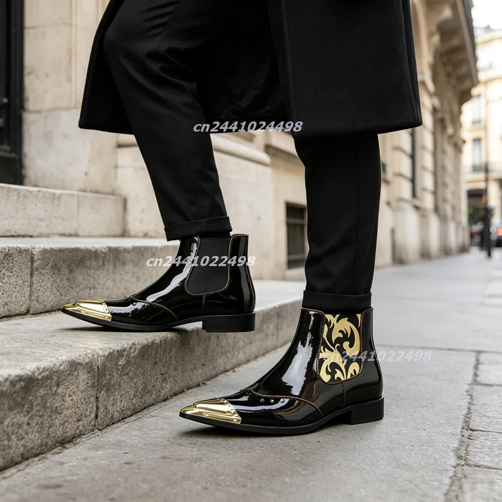 Men's Pointed Toe Golden Metal Toe Chelsea Ankle Boots Baroque Floral Pattern Elastic Side Panels Large Size Retro Ankle Boots