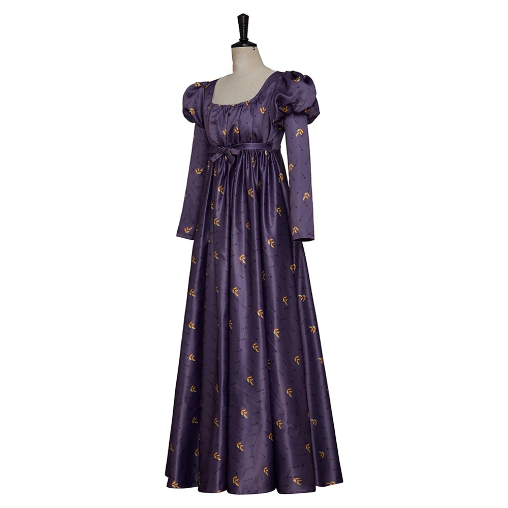 Women's Floral Embroidery Regency Dress Medieval Victorian Purple Puff Sleeve High Waistline Jane Austen Tea Party Ball Gown