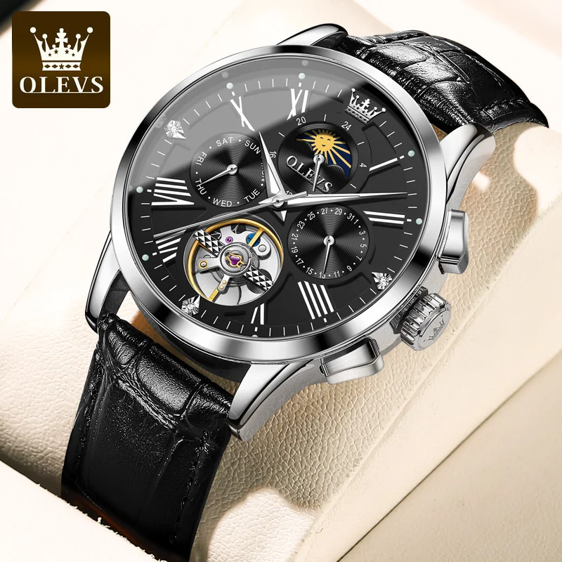 OLEVS montres pour hommes décontracté mode bracelet en cuir Original automatique mécanique montre-bracelet pour homme étanche Phase de lune lumineuse