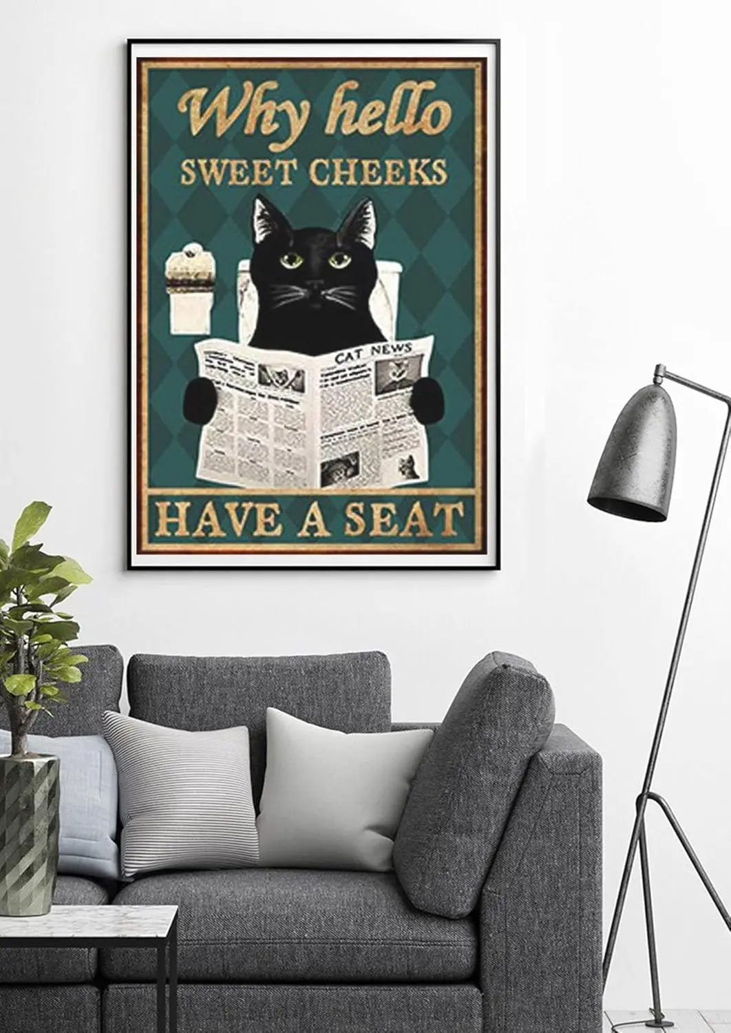 Retro Metal Tin Sign 8 X 12 Inches Black Cat Reading Newspaper Why Hello Sweet Cheeks Have A Seat Poster Black Cat Poster Cute C