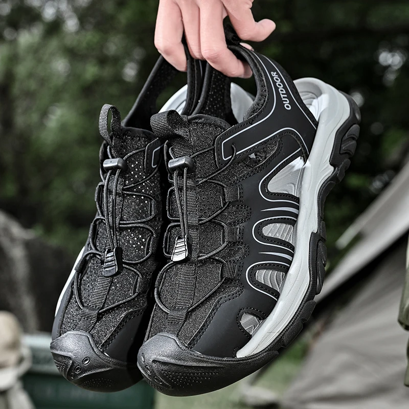 

Black casual sandals for man 2025 Summer lightweight wear-resistant antiskid sole hiking shoes high quality soft wading shoes