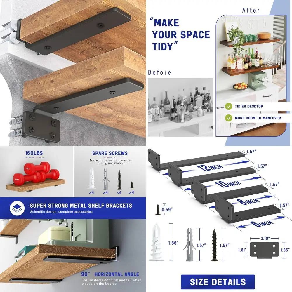 

Heavy-Duty 10-Inch Long Metal Floating Shelf Brackets, 12-Pack, Black Coated, Wall Mounting Accessories for Shelves