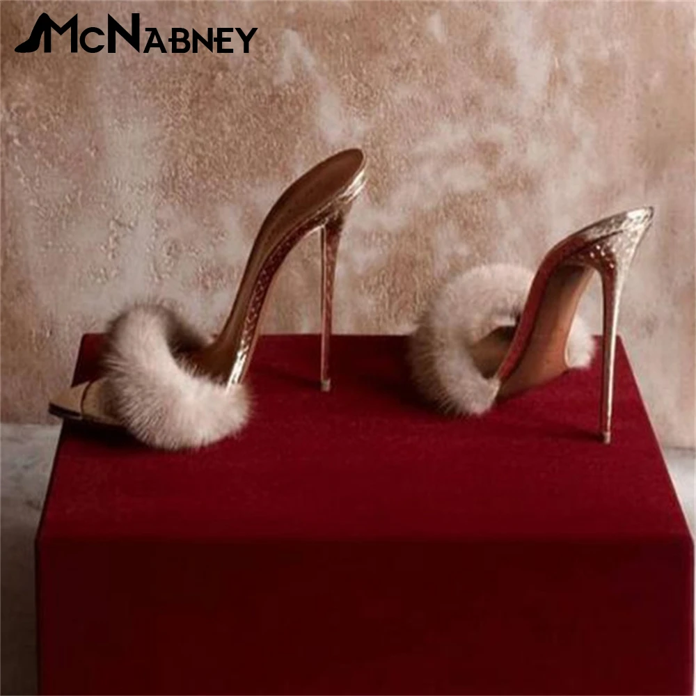 Fur Pointed Toe Stiletto Slippers 12Cm High Heels Sexy Fashion Style Summer Shoes Metal Toe Pointed Toe High Heels for Women New