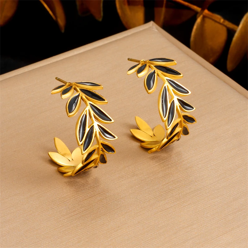 DIEYURO 316L Stainless Steel Black Drip Oil Leaf Circle Earrings For Women 2024 Fashion New Current Ear Jewelry Lady Gift Party image 6