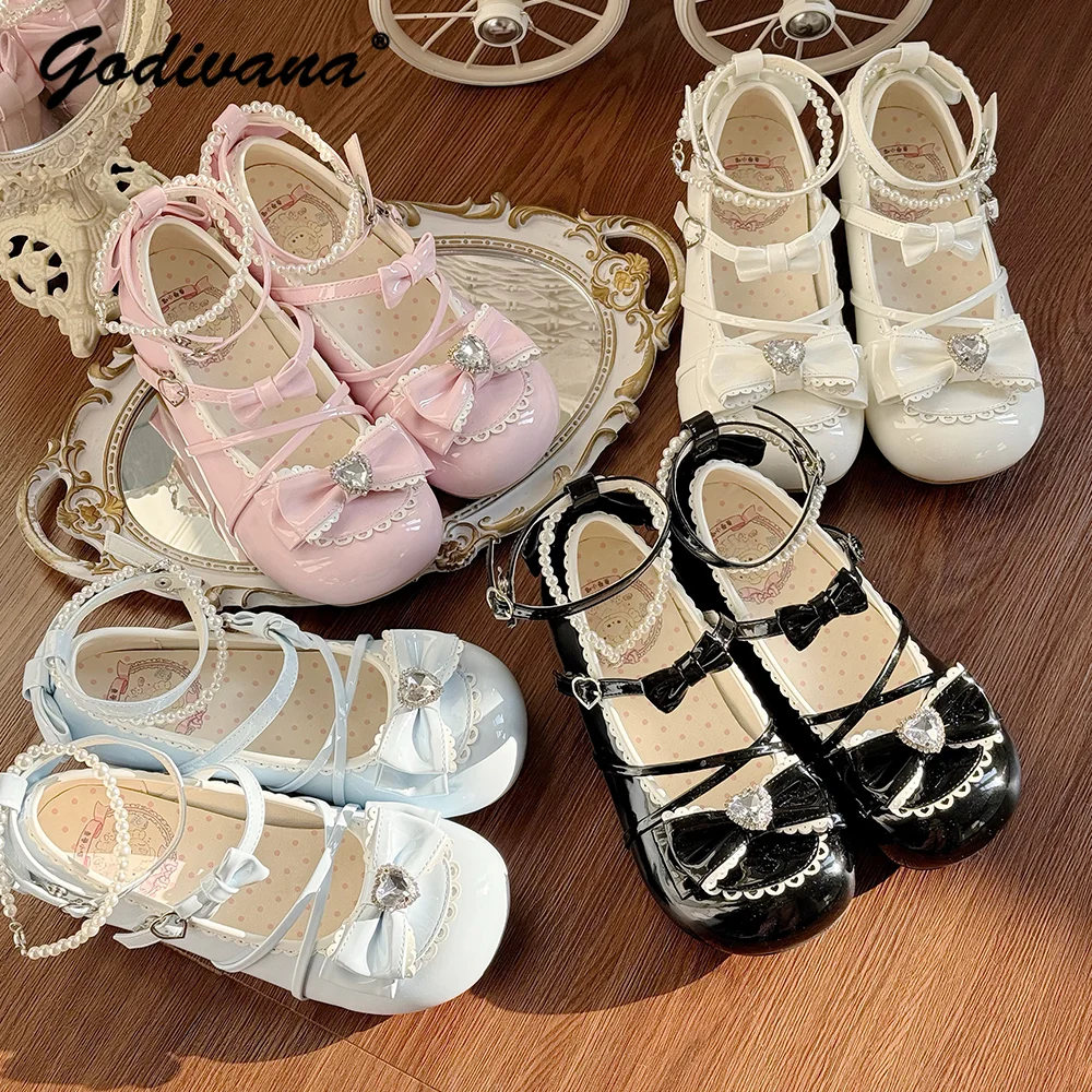 

Lolita Rhinestone Pearl Bow Sweet Low Heel Pumps Original New Spring and Autumn Girl Women's Leather Heel Shoes