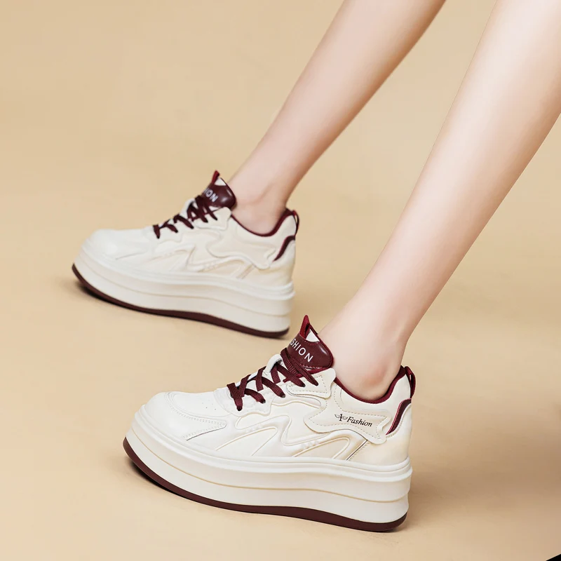 

8cm Cow Genuine Leather Women Platform Wedge Fashion Lace Up Shoes Vulcanize Chunky Sneaker Ladies Fashion Vulcanize