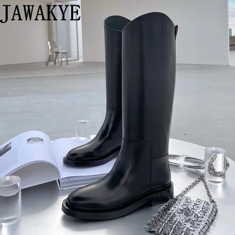 Oryginalne skórzane buty do kolan zwięzłe kobiety okrągłe Toe Chunky Heel długie czarne buty Runway buty do kolan kobiety znane marki