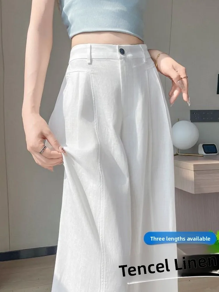 White Linen Wide Leg Pants Women Summer Thin Ice Silk Cotton Linen Narrow Version Suit Pants High Waist Straight Leg Commute ...