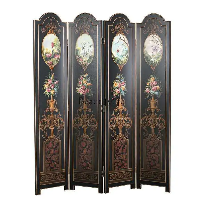 New Chinese Retro Hand-Painted Screen Movable Accordion Partition Homestay Hotel Villa Entrance Blocking Partition