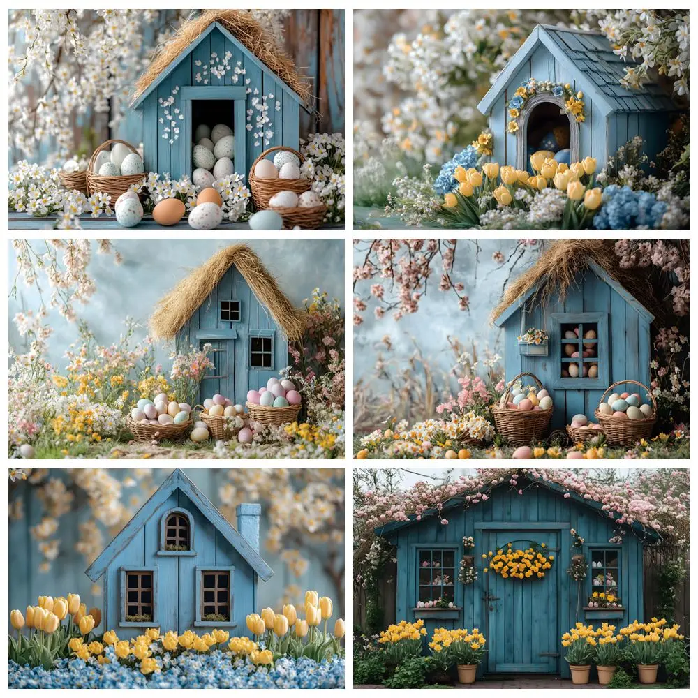 

Spring Easter Decor Backdrop 2025 Blue Cottage Flowers Eggs Baby Shower Kids Portrait Photography Background Banner Photostudio