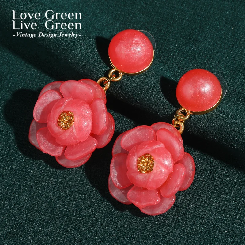 

Vintage Pink Flower Drop Dangle Earrings Elegant Resin Woman Christian Big Accessories Charm Wedding Party Trend 2025 New
