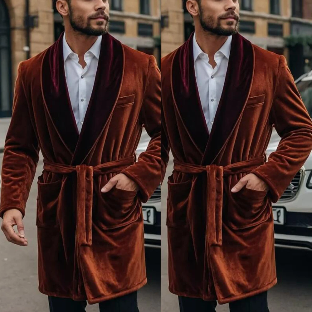 

Brown Velvet Groom Tuxedos Customized Single Breasted Jacket Pants 2 Pieces Sets Suits Men Long Wedding Banquet Man Clothing