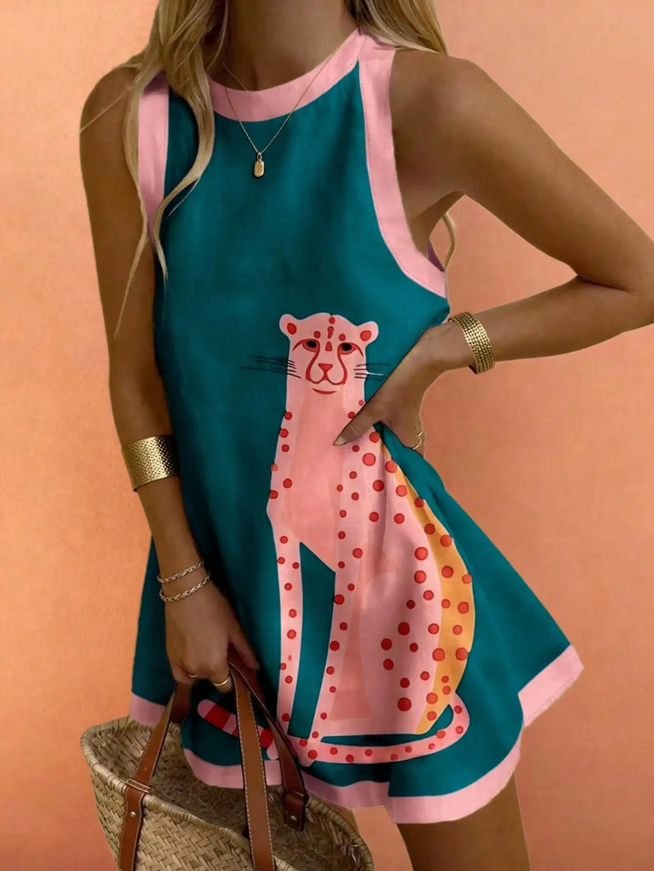 

Women's Loose Sleeveless A-Line Dress with Pink Leopard Print, Teal & Pink Color Block, Summer Beach Style