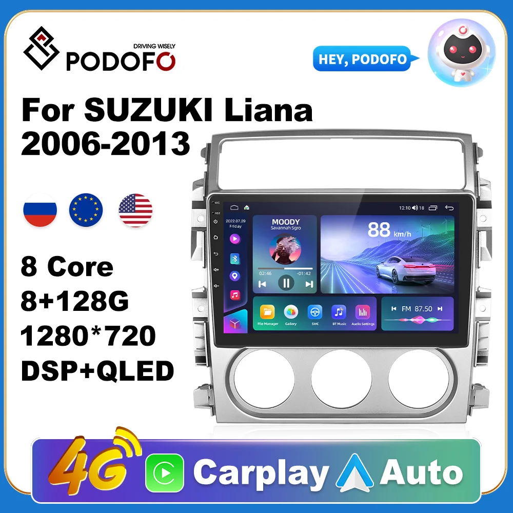 

Podofo Car Android CarPlay Radio Multimedia Player For SUZUKI Liana 2006-2013 2 Din Autoradio Video AI Voice GPS Navi 4G WiFi