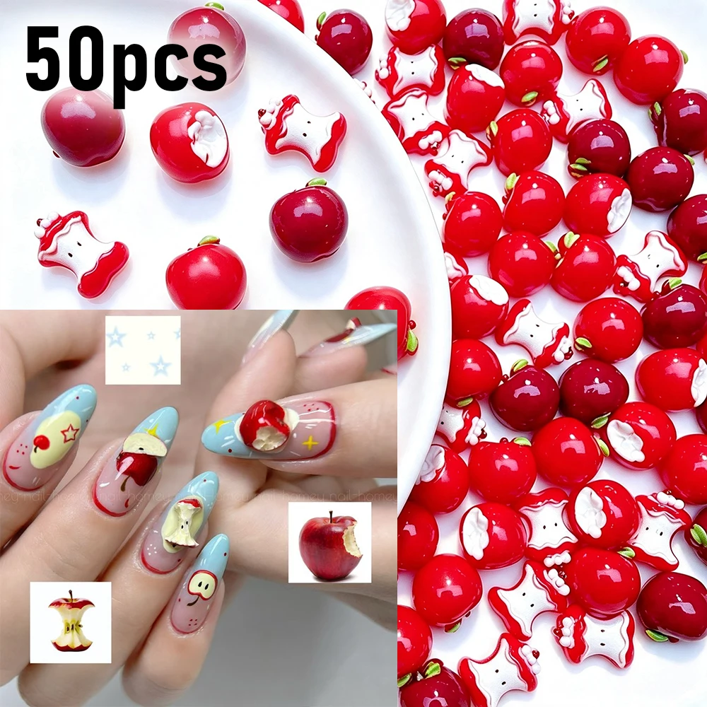 50Pcs Mixed 3D Apple Nail Charms, Cute Bitten Apple Fruit Nail Decorations, Red Cartoon Apple Resin Nail Decors For DIY Nail Art