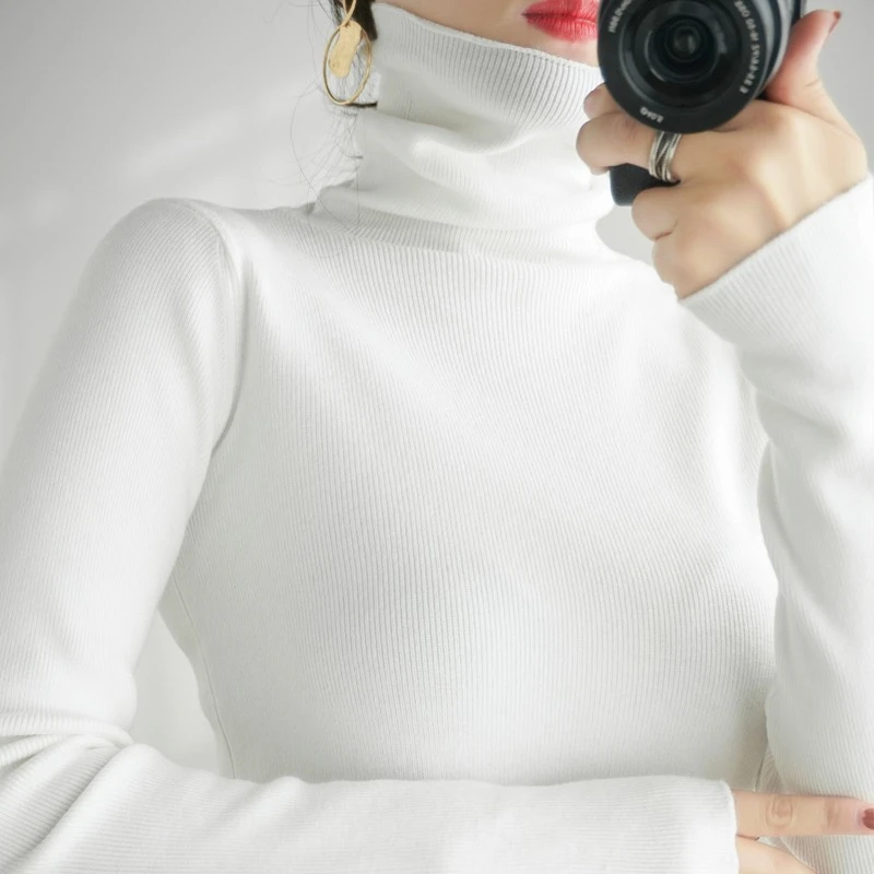 2025年韓国風シックカジュアル万能ニット無地スリムプルオーバー秋冬タートルネック女性セーター女性用シンプル暖かいジャンパー