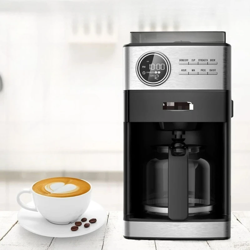 

l # Programmable Drip Coffee Maker with Burr Grinder,12 Cups,Black/Stainless Steel with Water Filter