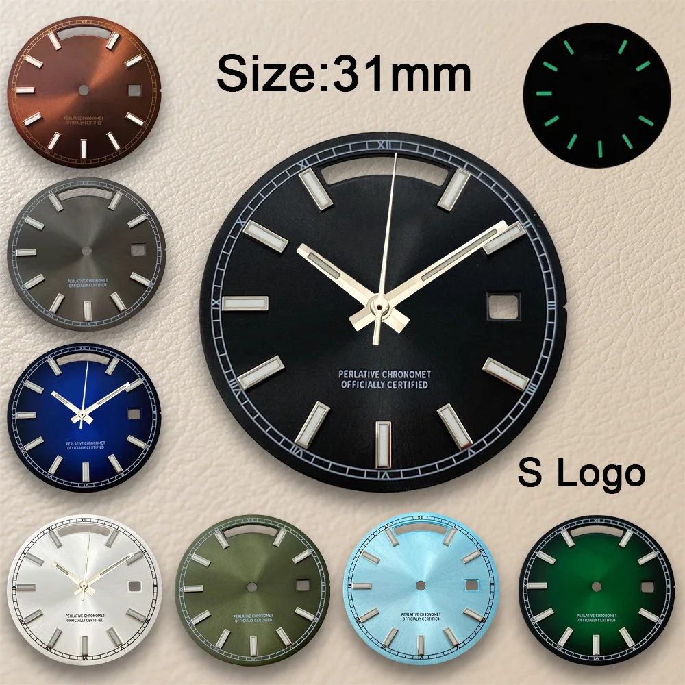 High Quality 31mm S Logo Day And Date Dial Suitable For 8285 Movement Green Luminous Watch Modification Accessories
