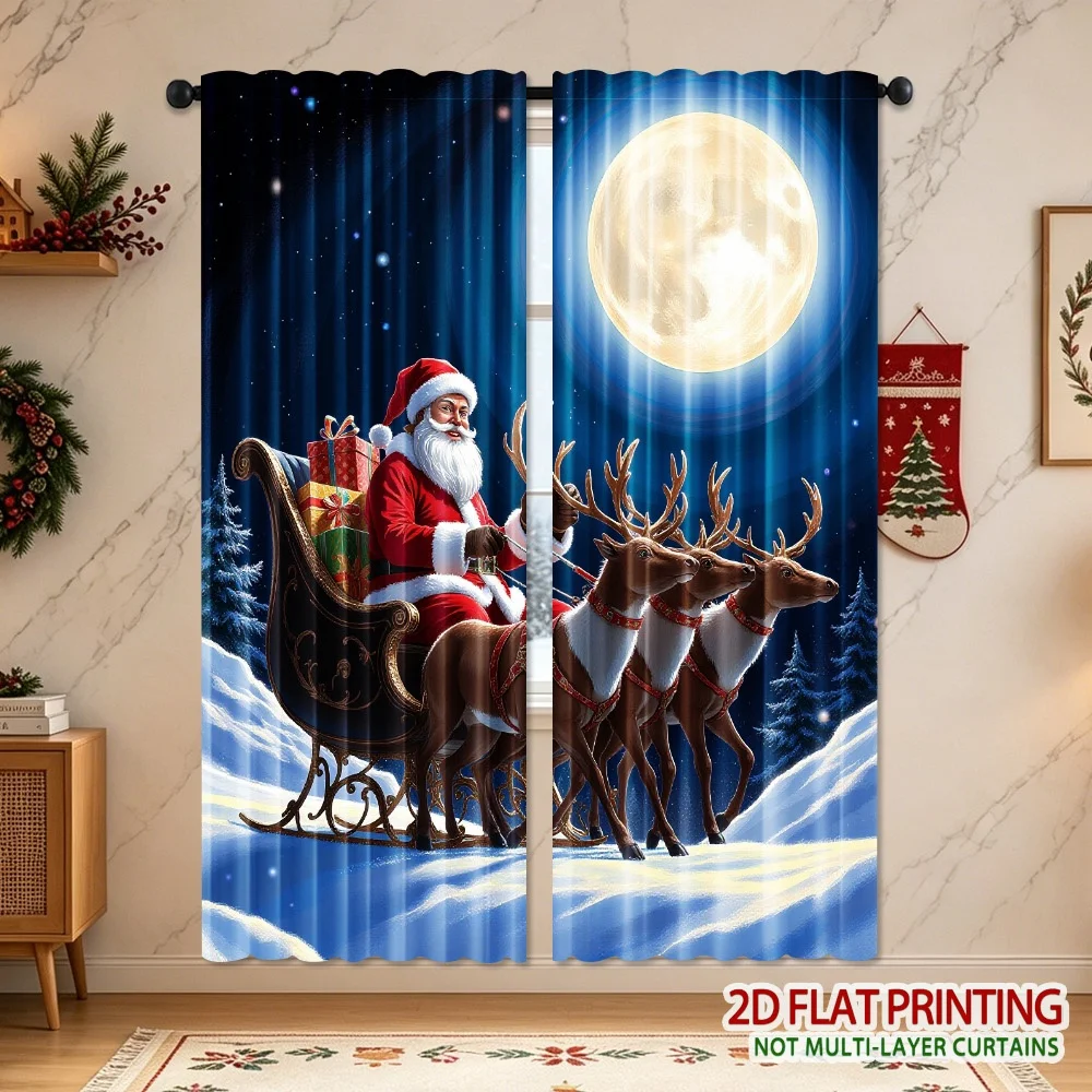 Santa Claus Curtain, Christmas Reindeer Sleigh Window Drape, Festive Holiday Blackout Panel, Living Room Bedroom Home Decor