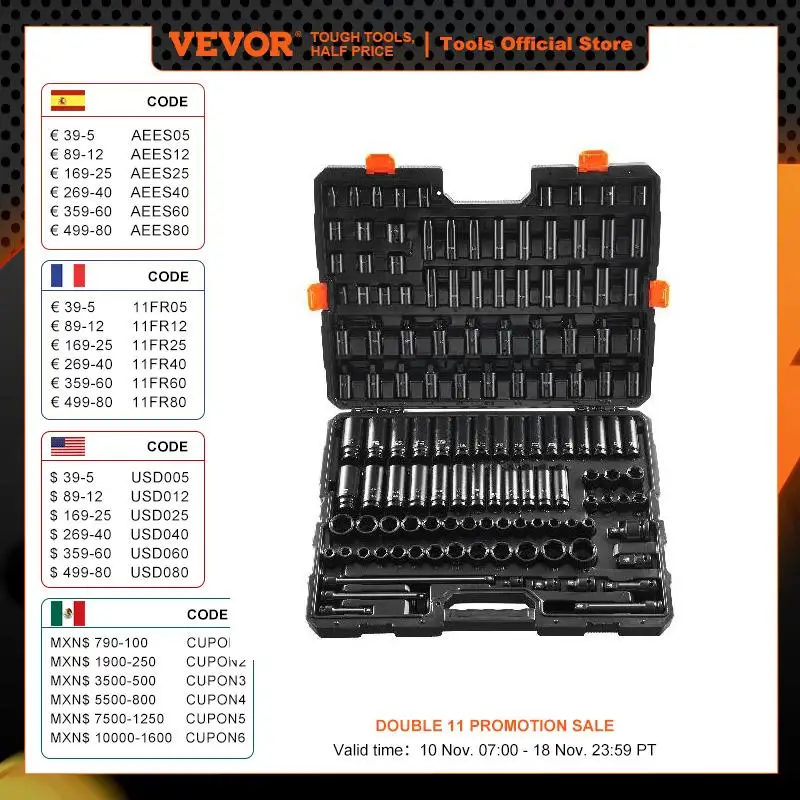 VEVOR Impact Socket Set SAE and Metric Socket SetCr-Mo Alloy Steel for Auto Repair Rugged Construction Includes Storage Case