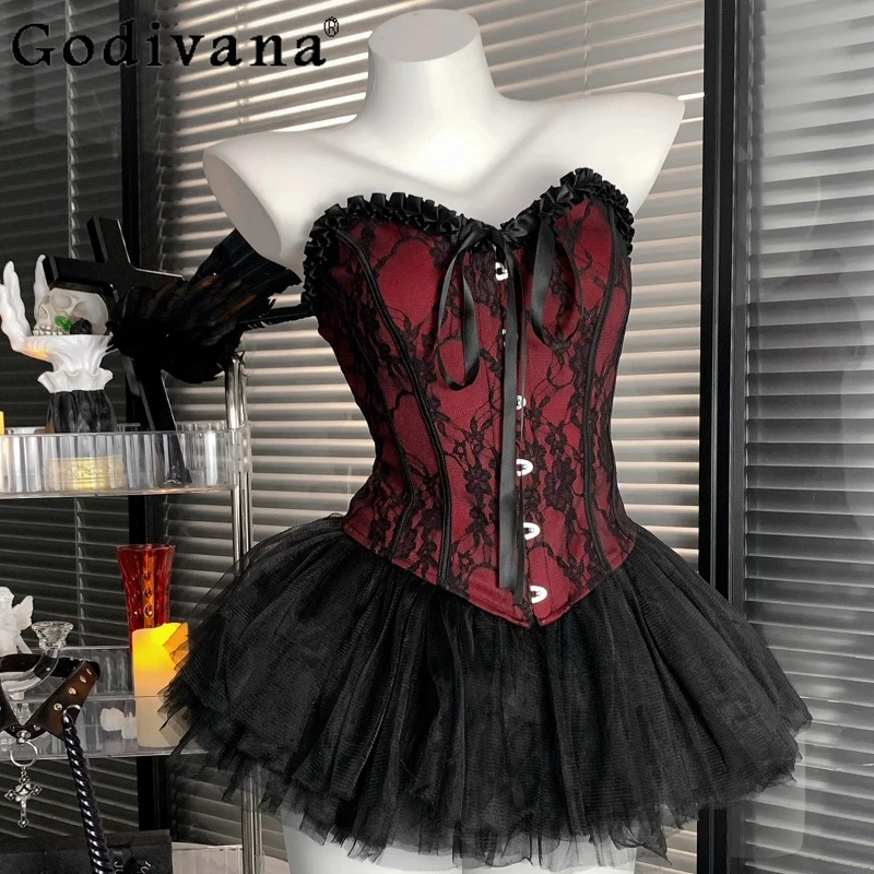 Women Fashion Vest Cute Mini Skirt Lace High Waisted Fluffy Cosplay Devil Set Female Retro Style Anime Outfit Adults Lingerie
