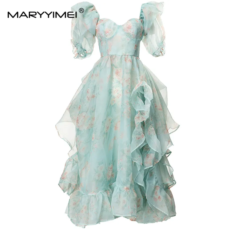 MARYYIMEI Fashion Design Spring Summer women's Square-Neck Puff Sleeve Splicing Flounced Edge Split Print Elegant Ball Dresses