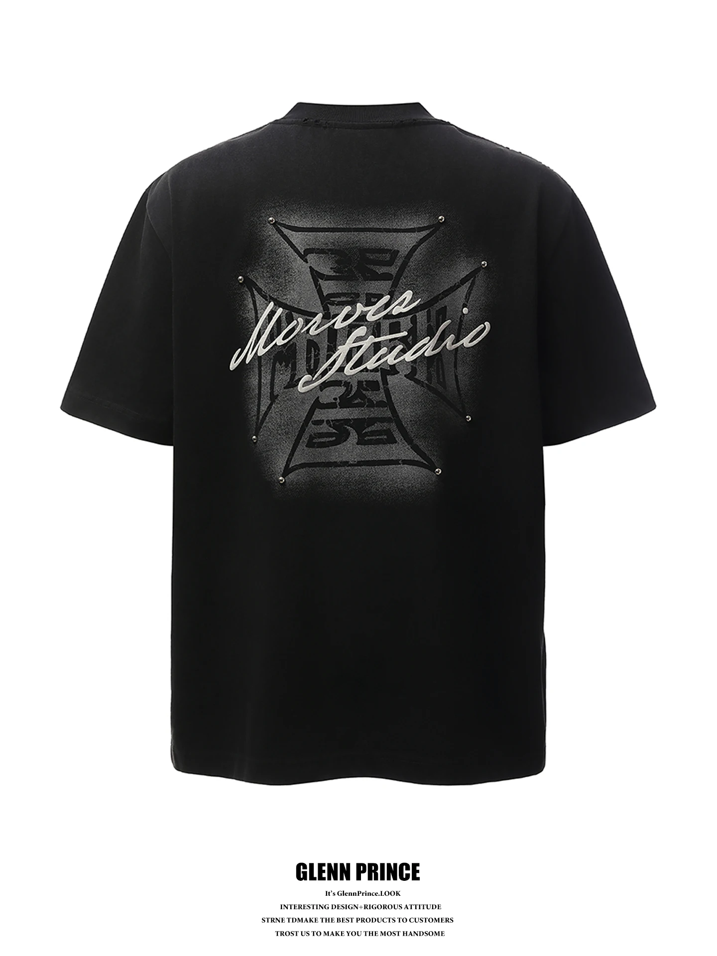 

American Style 350G Heavy Duty Rivet Cross T-Shirt Men Summer Loose High Street Vibe Short Sleeve Printed Casual Tee