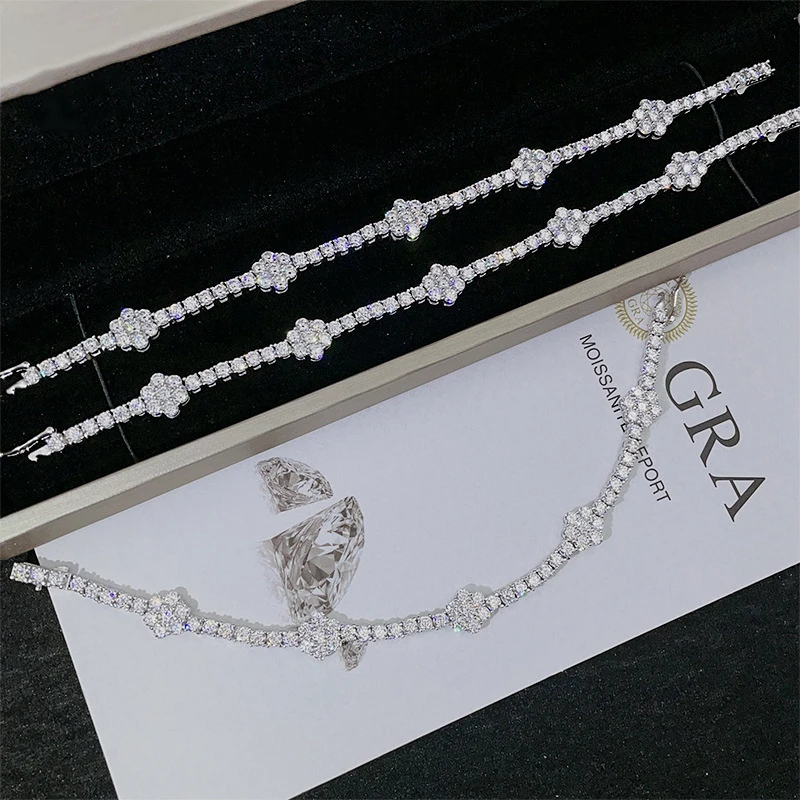 3mm S925 silver Moissanite  Flower Bracelet Necklace Iced Out Fashion For Women Hip Hop Jewelry Pass Diamonds Tester with GRA