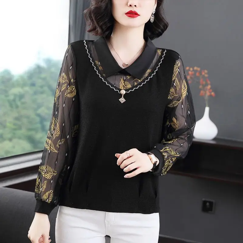 Spring Autumn New Turn-down Collar Long Sleeve Fashion Blouse Women High Street Printing Y2K Pullovers Elegant Rhinestone Tops