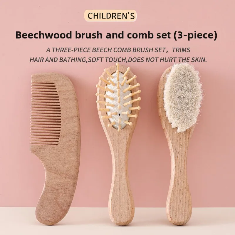 

Baby 3-in-1 comb set: Beechwood wool brush, round-tooth comb & bounce cushion comb—gentle, safe, kind to baby’s scalp!