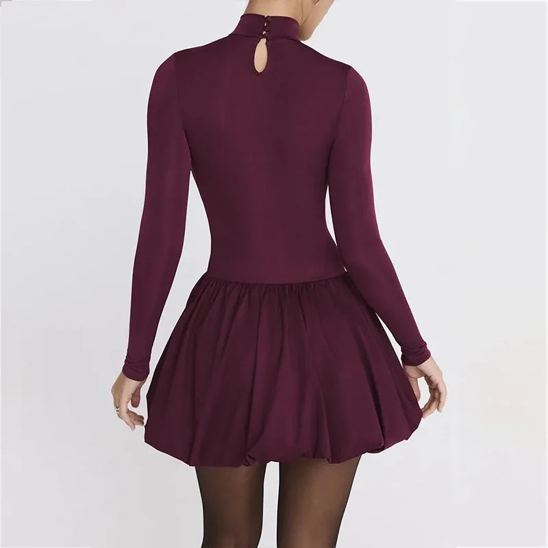 

2025 European and American new elegant slim fit women's dress sexy high neck long sleeved waist cinched A-line skirt cotton poly