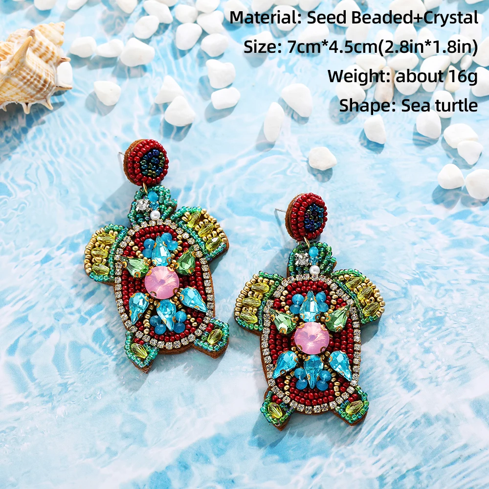 Bohemia Handmade Beaded Stone Rhinestone Shell Turtle Dangle Earrings for Women Girls Starfish Earrings Summer Beach Jewelry