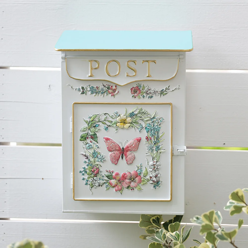 European style fresh iron outdoor mailbox three-dimensional relief delivery box wall mounted decorative mailbox garden home
