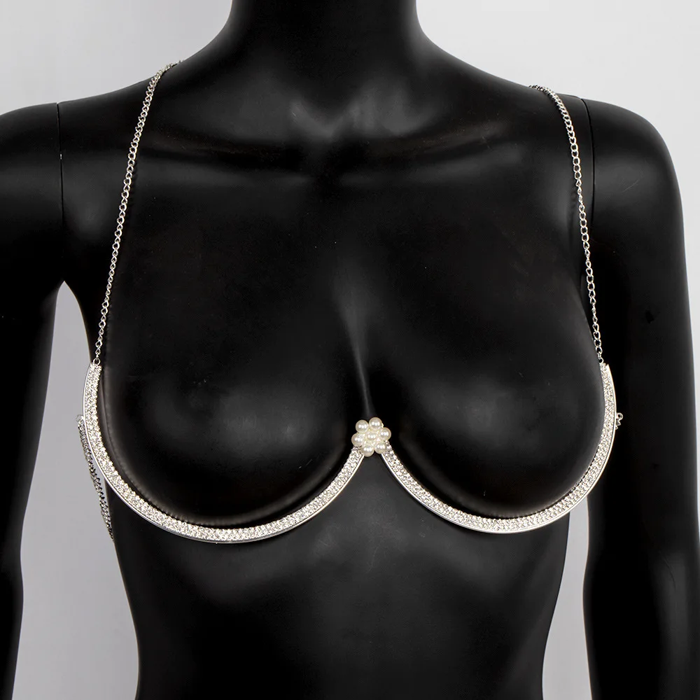 Floral Pearl Inlaid U Shape Breast Cleavage Enhancer Open Chest Clip Jewelry Sparkling Invisible Push Up Underbust Body Chain