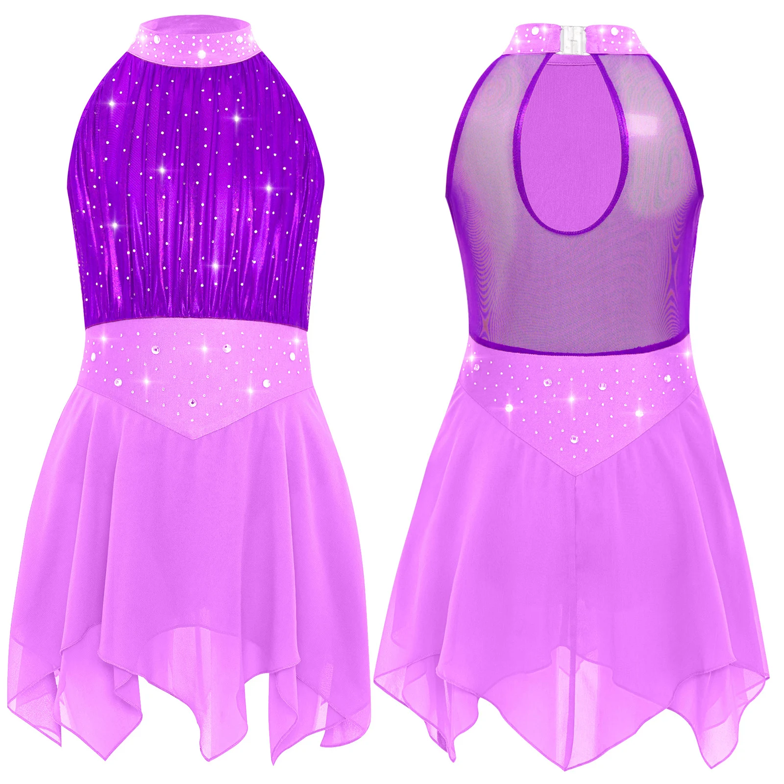 

Girls Lyrical Dance Costume Rhinestones Metallic Mesh Bodice Sleeveless Chiffon Skirt Dress Figure Skating Performance Costume