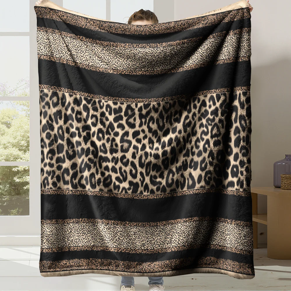 Vintage Leopard Stripe Flannel Blanket Black and Brown Mixed Animal Skin Splicing Print Cozy Throw Blanket for Bed Couch Use
