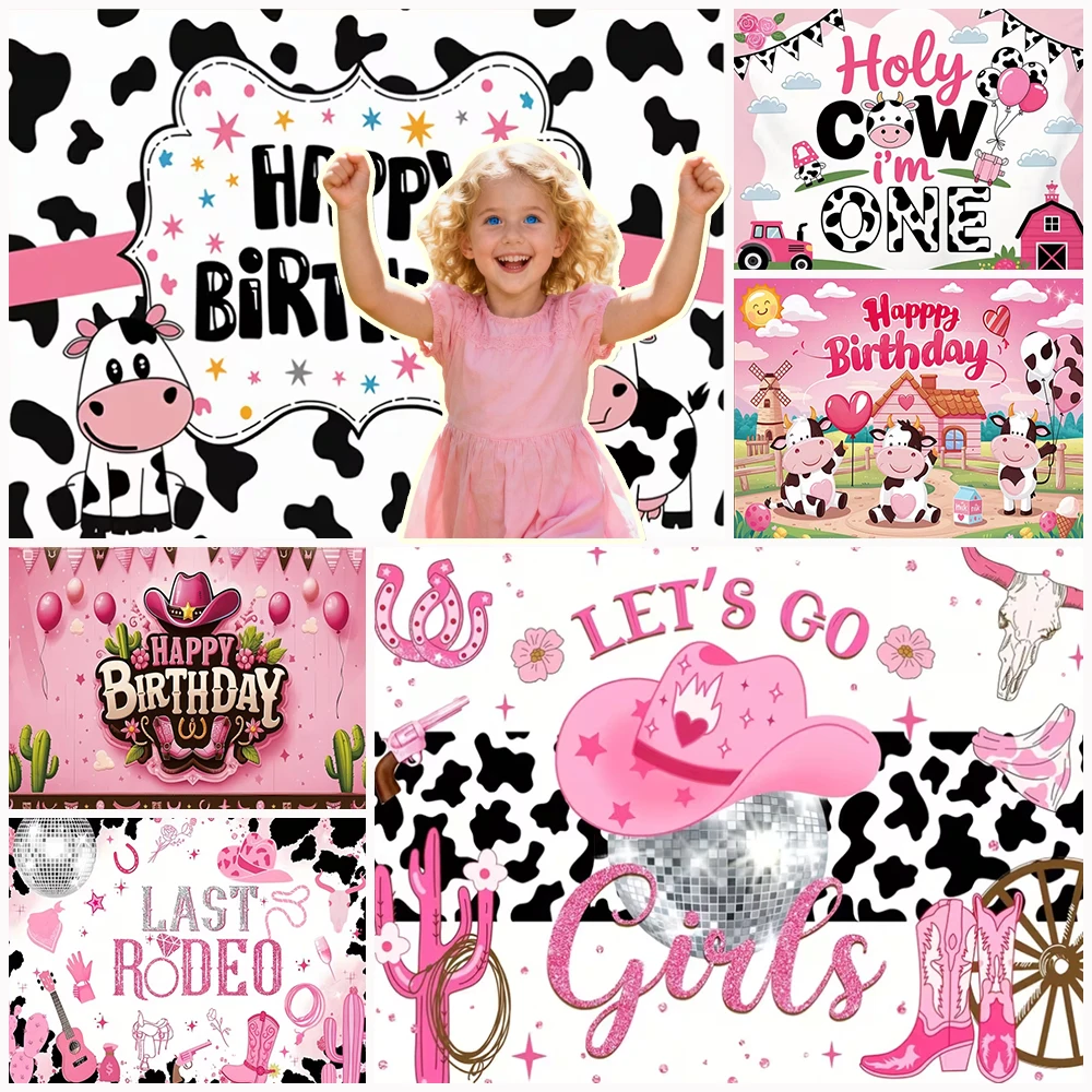 

Pink Farm Cow Girl Birthday Party Decoration Backdrop Cowboy Black White Spots Photography Background Baby Shower Party Supplies