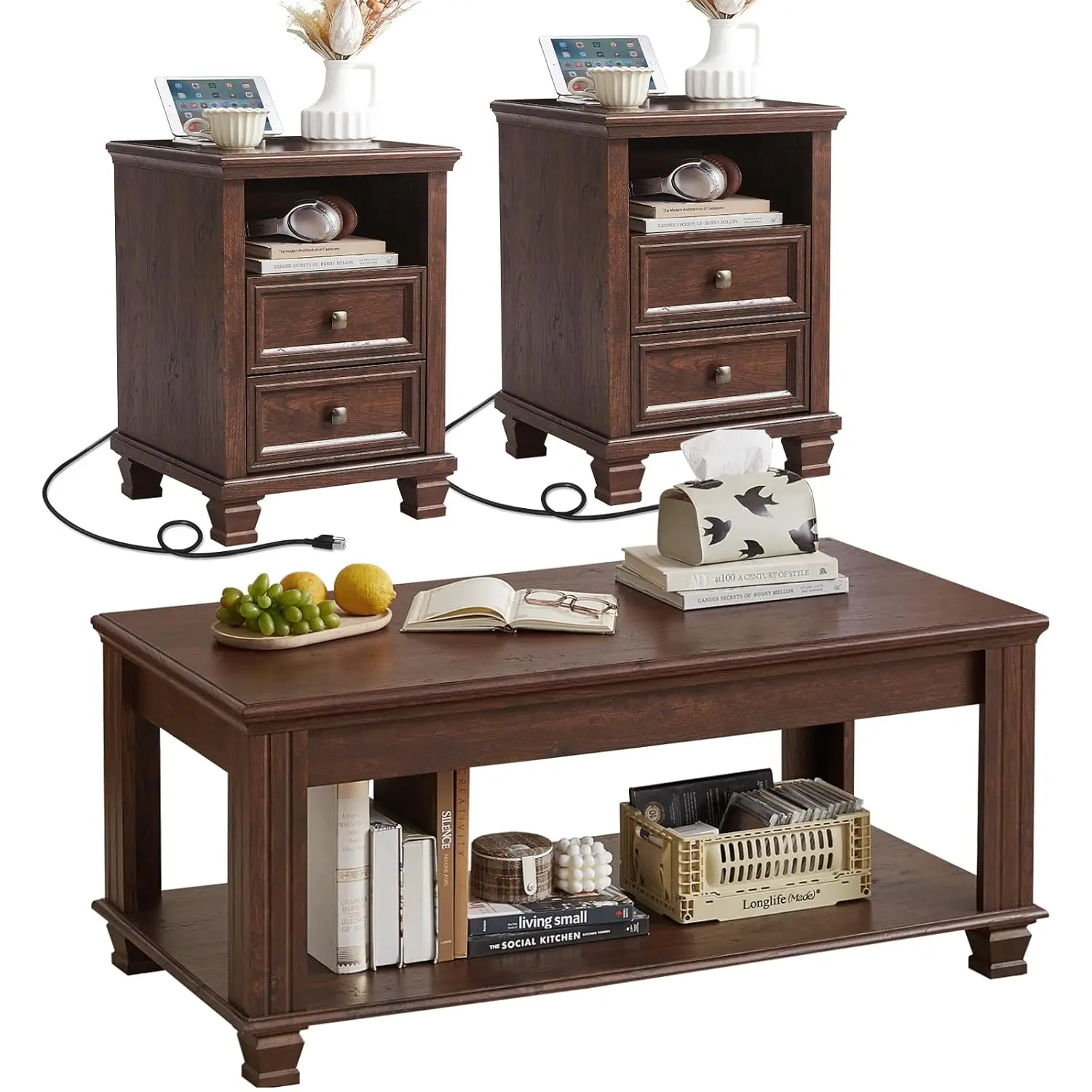 

Комплект деревянных журнальных столиков в деревенском стиле, 3 предмета, с ящиками, для гостиной, цвет орех, на заказ