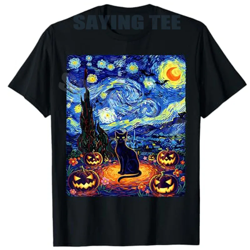 

Halloween Black Cat Van Gogh Starry Night Cat Costume Women T-Shirt Y2k Kitten Pumpkin Spooky Graphic Outfit Novelty Tee Gifts