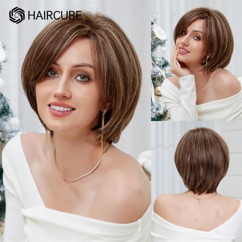 HAIRCUBE Brown Mixed Blonde Human Hair Blend Wigs Short Bob Human Hair Blend Wigs Wig with Side Bangs Human Hair Heat Resistant