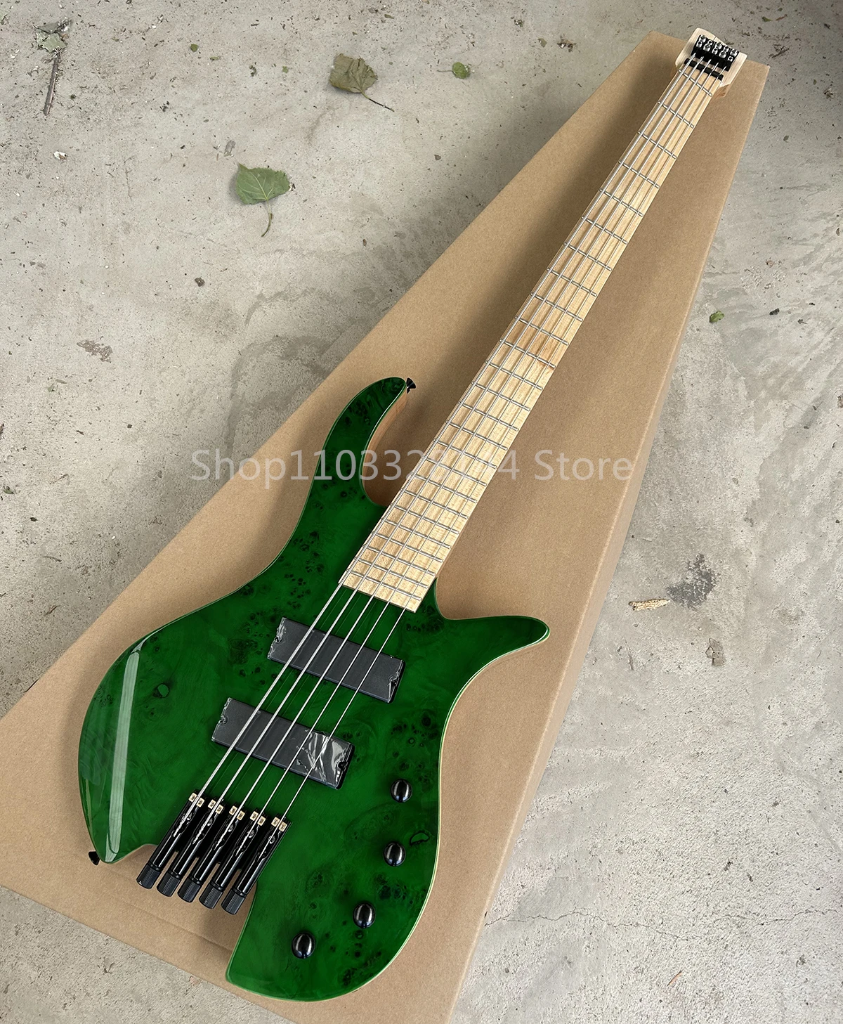 Factory Headless Green Fanned Frets 5 Strings Electric Bass Guitar Burl Maple Veneer Ash Body Customizable