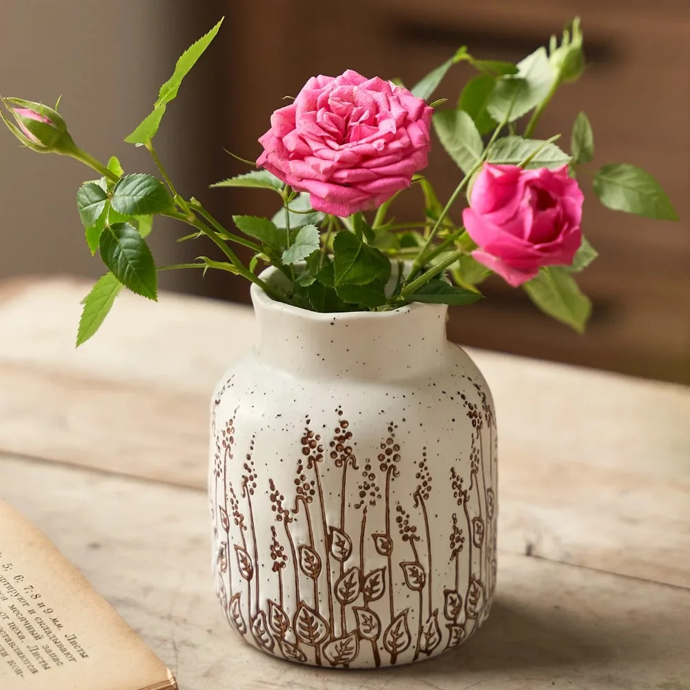 Retro Embossed Ceramic Vase Flower Relief Plant Hydroponic Flower Arrangement Flowerpot Garden Home Table Decoration Holiday