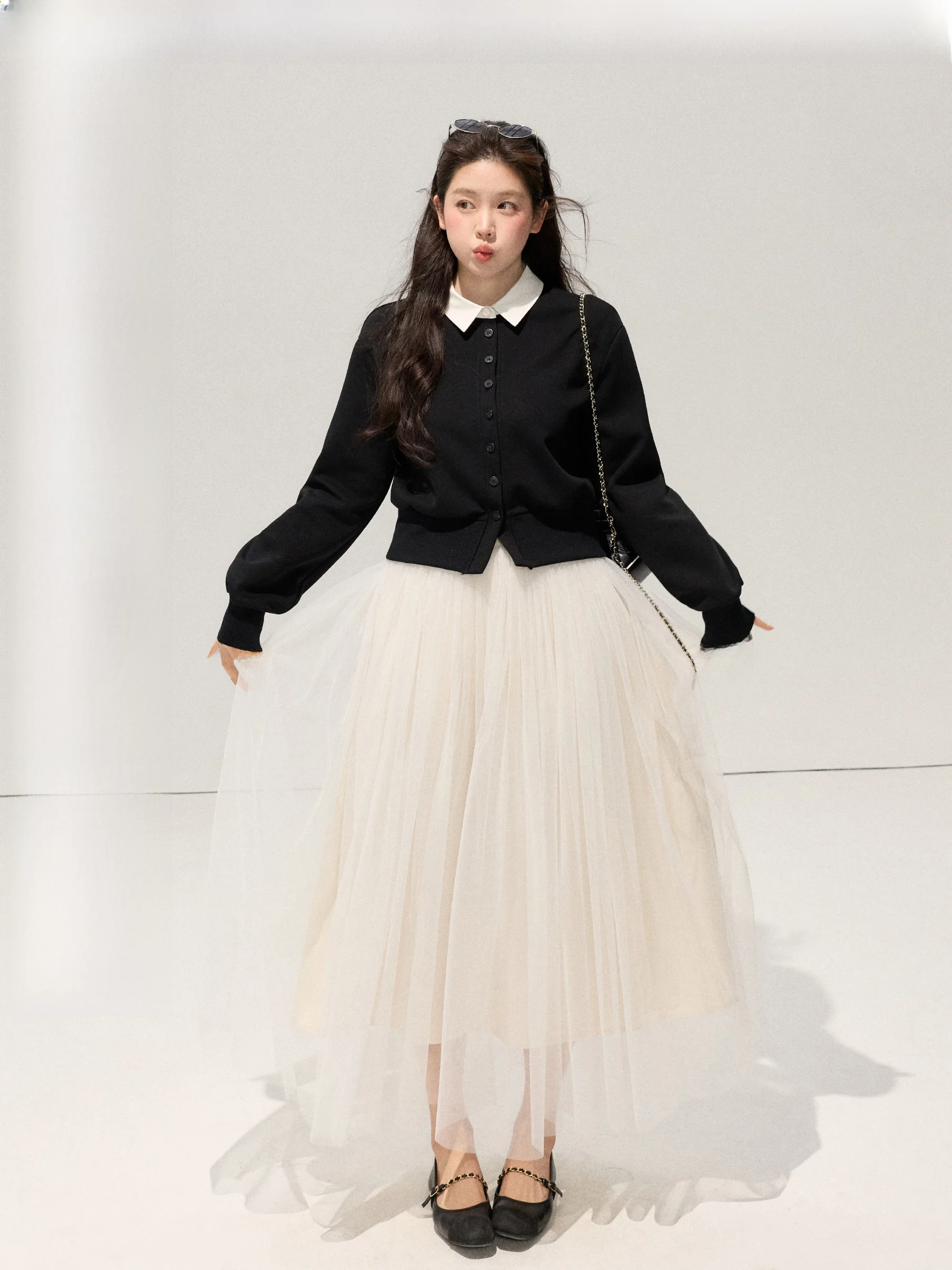 

JULULOOK White Pear plus Size Set Knitted Open Cardigan Mesh Skirt Single Button A-Line Midi Skirt Fashionable Spring Outfit