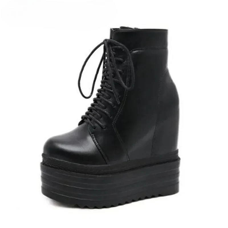 

14CM Height Increase Women's Boots Punk Style Gothic Boots Fashion Wedges Platform Boot Quality Leather Ankle Boots Botas Mujer
