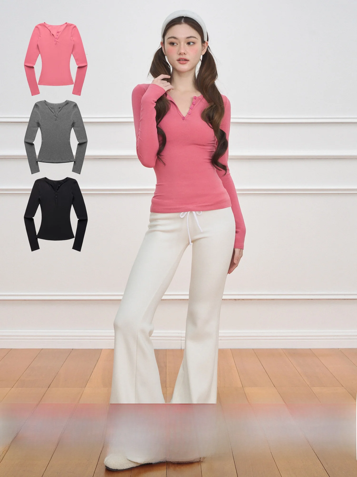 

NECY Slim Fit Long Sve Henry Collar T-irt Internal Wear Waist Cinching Spring New Sle Multi Color Base irt for Women