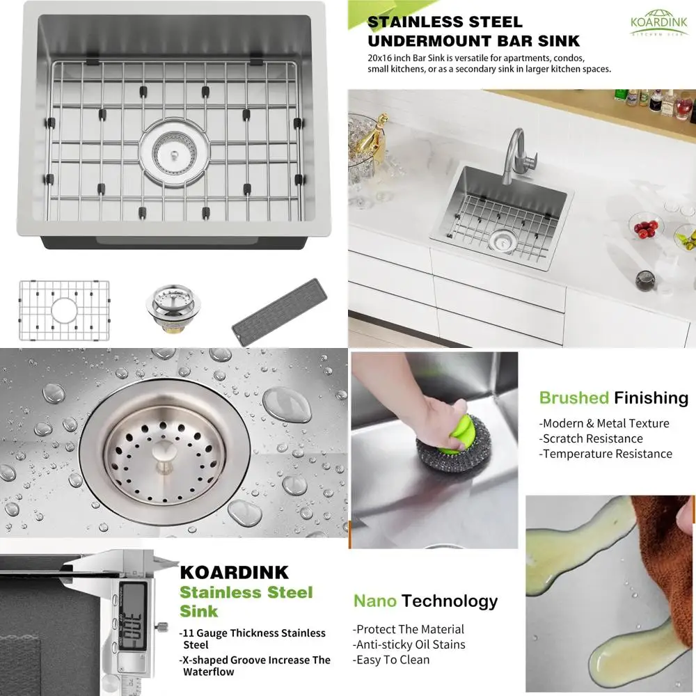 

Stainless Steel Undermount Single Bowl Kitchen and Bar Sink Combo, 20x16 Inch, Modern Design with Grid and Silicon Accessories