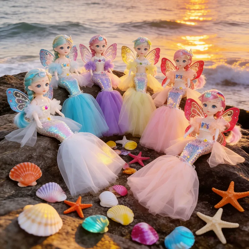 30cm Mermaid Doll Girl Toy Blue Eyes Children Princess Dolls Wedding Dress With Wings Children Playing House Toy Birthday Gifts